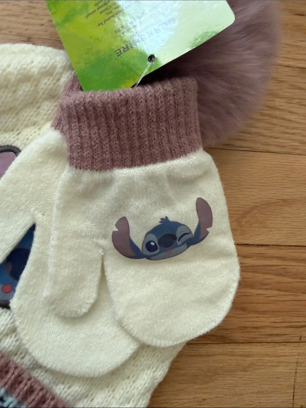 Disney Stitch Cream Knit Beanie with Mauve Pom & Mittens